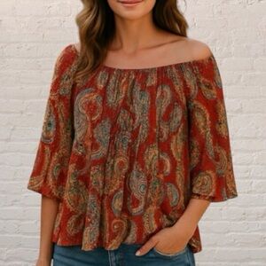 Jak & Peppar vintage Rust green Paisley Off-Shoulder bell sleeve boho top 14
